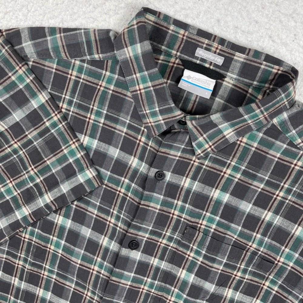 Columbia Button Down Shirt Mens Large Grey Green Plaid Short Sleeve Outdoor